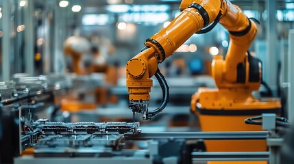 Poster - Close Up of an Industrial Robotic Arm in Action Within Factory Setting