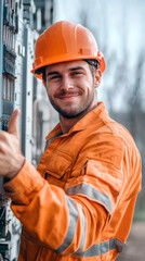 Aufkleber - Confident engineer giving thumbs up in orange uniform at industrial power facility