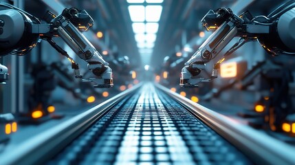 Poster - Futuristic Factory Floor with Conveyor Belts and Robotic Arms