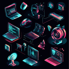 Poster - Neon Tech: Futuristic Devices and Gadgets on Black Background.