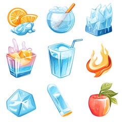Poster - Refreshing Summer Vector Icons Set: Drinks, Ice, Fruit, and Fire Elements