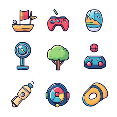 Poster - Playful icons featuring a ship, joystick, tree, and other whimsical objects