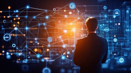 Poster - Entrepreneur Standing Before Digital Network in Modern Business Setting