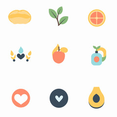 Poster - Organic fruit, leaves, hearts and care icons for natural wellness