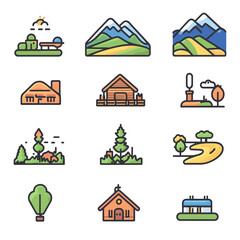 Poster - Nature Scenery Icons: Mountain, Trees, Houses and More Colorful Vector