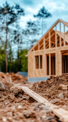Poster - Wooden plank lying on a pile of dirt in front of a house under construction, framing and foundations already built