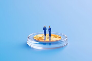 Poster - Tiny Figures of Traders on a Cryptocurrency Coin Against a Blue Background
