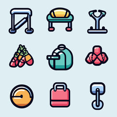 Poster - Gym Equipment Icons: Exercise Bench, Dumbbells, Sports Bag, and Accessories