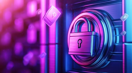 Poster - Futuristic Digital Banking Concept with Secure Vault and Padlock in Neon Color Palette