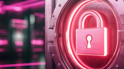 Poster - Futuristic Digital Banking Concept with a Locking Vault in Neon Pink and Metallic Elements