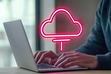 Poster - Professional Working on Laptop with Cloud Symbol Illustrating Digital Transformation Concept