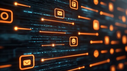 Poster - Digital Commerce Concept with Floating Customer Review Icons in Orange Neon Effects