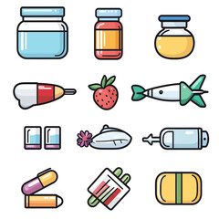Poster - Cute vector icons of medicine, fruit, and drinks against white background