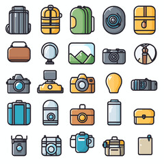Poster - Photography Gear and Travel Backpacks in Colorful Line Art Illustration