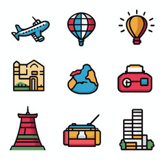 Poster - Colorful Icons Featuring Travel, Buildings, Technology on White