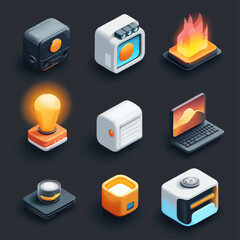 Poster - Isometric tech gadgets with glowing elements on dark background, icons set