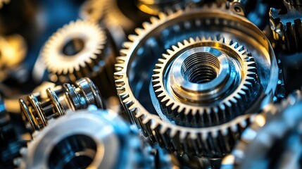 Poster - Close-Up of Intricate Metallic Gears and Mechanical Components