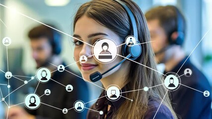 Poster - Connecting through communication in a busy office setting with diverse team members, network of connections with icons over diverse colleagues talking in office