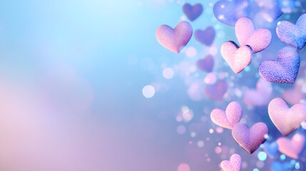 Aufkleber - Many textured hearts are falling on a pastel background with bokeh effect, creating a romantic and dreamy atmosphere