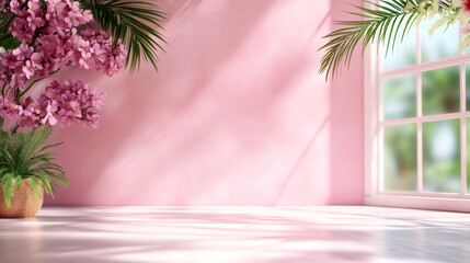 Fototapete - Pink wall with flowers, plants and window casting shadows on the floor, creating a peaceful and relaxing atmosphere