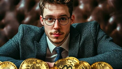 Poster - Businessman displays wealth from bitcoins in luxury setting with vintage decor, Businessman with many bitcoins