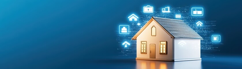 Poster - futuristic smart home concept with technology icons representing energy efficiency and connectivity
