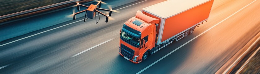 Poster - Futuristic Smart Transportation Concept with Drone and Truck on Open Road