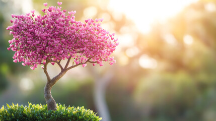 Leinwandbilder - Romantic tree branching with heart-shaped pink foliage, glowing in golden sunset light, symbolizing deep emotional connection and tender feelings