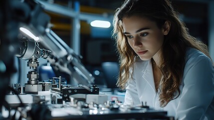 Fototapete - Young Female Automation Engineer Studying Advanced Technology Systems