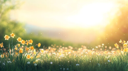 Aufkleber - Vibrant meadow filled with blooming daffodils and delicate white flowers, basking in the warm glow of a spring sunset