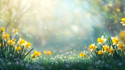 Poster - Vibrant yellow daffodils blossoming amid soft white wildflowers, sunlit grassy landscape