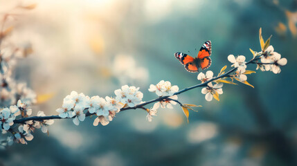 Poster - Beautiful butterfly flying near blooming cherry tree branch in spring at sunset, inspiring nature background
