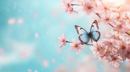 Poster - Delicate butterfly perching on sakura branch, soft pink and turquoise backdrop with drifting flower petals
