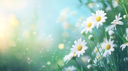 Aufkleber - Radiant white daisies basking in golden sunlight, glowing amid soft-focus meadow with shimmering light particles