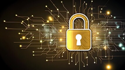 Poster - Digital padlock with connections over secure data at a technology center showcasing data protection, padlock icon with connections over digital data processing on dark background