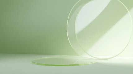 Poster - Light green minimalist cylinder podium displaying products on empty background with light beam and shadow, perfect for showcasing luxury and premium products