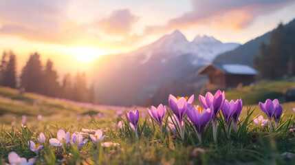 Aufkleber - Alpine meadow featuring vibrant crocuses glowing under golden sunset, distant wooden hut nestled among mountain peaks