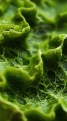 Poster - Close-up of a vibrant green surface with wave-like formations, creating intricate patterns and textures, with glistening water droplets adding depth and visual interest