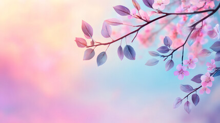 Fototapete - Beautiful cherry tree branch with pink flowers and green leaves on a soft pastel background, creating a dreamy and romantic atmosphere