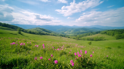 Poster - Mountain meadow carpeted with vibrant pink rhododendron blossoms, surrounded by lush forested hills under overcast skies in Carpathian landscape