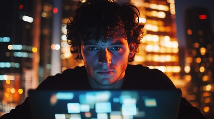 Poster - Young Entrepreneur Working on Laptop Against Urban City Skyline