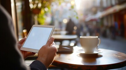 Poster - Executives Using Digital Tablet at Café for Business Discussions