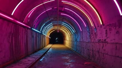 Poster - Endless flight through a vibrant gray concrete tunnel illuminated by colorful neon lights, Endless flight in a gray concrete tunnel with bright luminous neon stripes