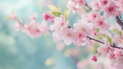 Poster - Soft pink blossoms adorning flowering cherry branch, symbolizing spring renewal and delicate natural beauty