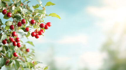 Aufkleber - Ripe red berries dangling from leafy branch, sunlight highlighting fruit, blurred green landscape behind