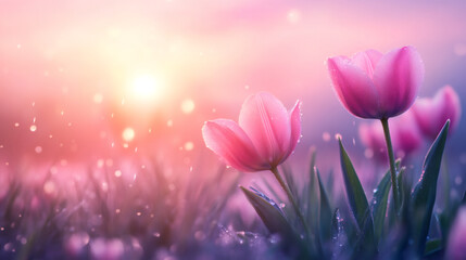 Poster - Beautiful pink tulips are blooming in a field at sunset, covered in dew drops, creating a magical and romantic atmosphere