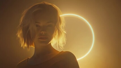 Poster - Blonde fashion model creating dramatic portrait with circular neon lighting, generating luminous halo effect through six distinct stylized poses in studio setting