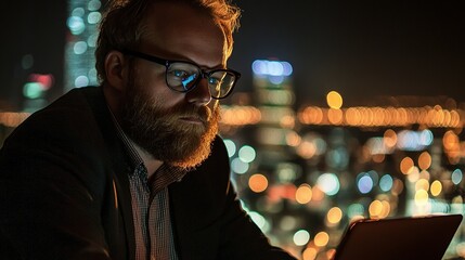 Poster - Entrepreneur Working Late Night on Laptop Overlooking City Lights