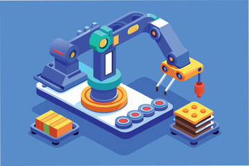 Leinwandbilder - Vector illustration of an industrial robotic arm working on a production line in a modern factory setting with colorful design elements