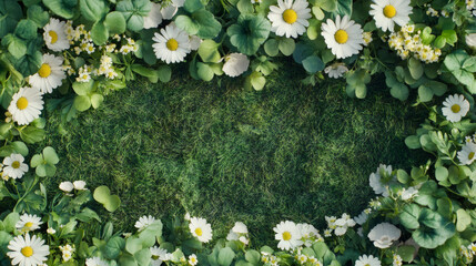 Aufkleber - Delicate daisies and clovers framing verdant green grass, embodying fresh spring renewal and natural beauty